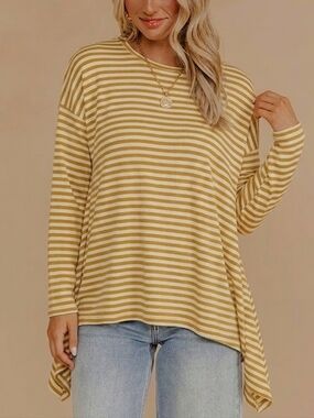 Easel Oversized Asymmetrical Long Sleeve Tee Yellow And Cream